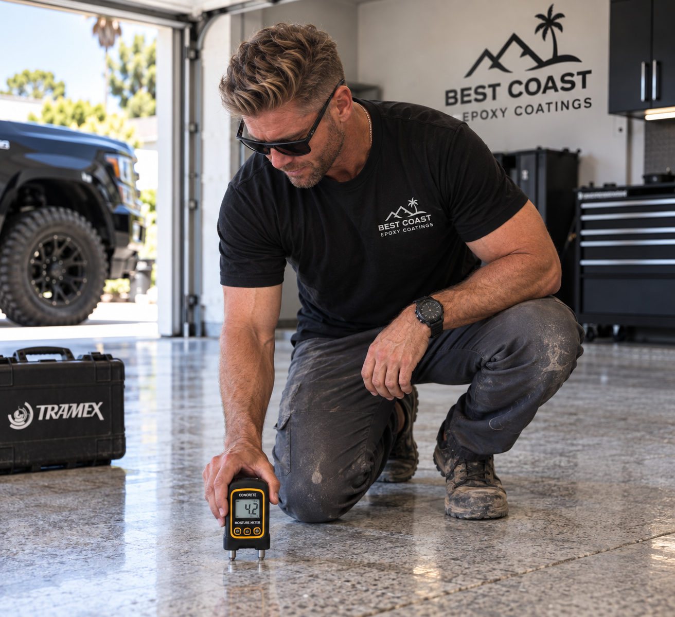 Installer checking a concrete moisture meter on a flake epoxy garage floor before a Franklin, TN coating install